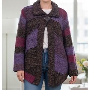 Anthropologie Curio Brown Purple Fuschia‎ Knit Chunky Cardigan XL Funky Colorful